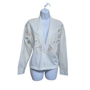 Faith Apparel Women's Ivory button up blazer/jacket Floral Embroidery detail M